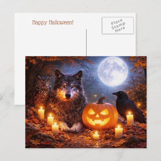 Wolf Eule Rabe Frohes Halloween  Feiertagspostkarte (Vorne/Hinten)