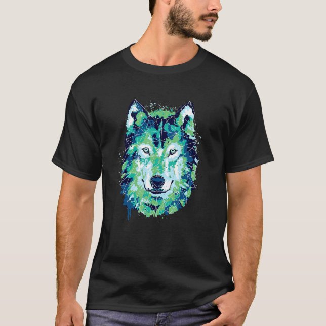 Wolf Face Wolf Wasserfarbe Geometrische Grafik T-Shirt (Vorderseite)