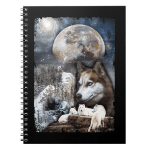 Wolf Family Moon Winter Mountain Wolves Notizblock