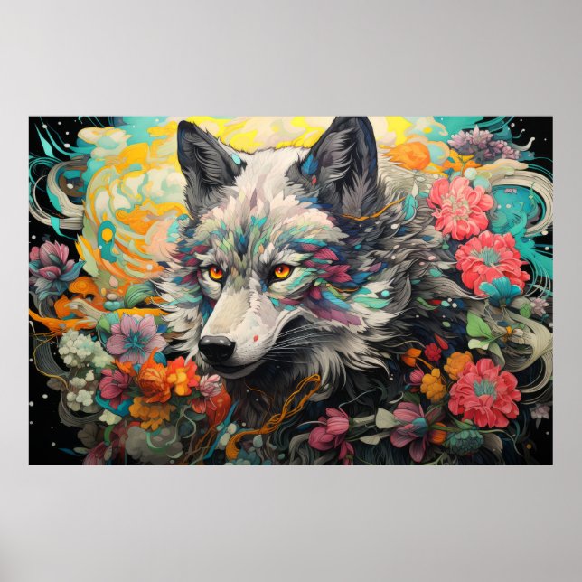 Wolf Farbenfrohe Tiere verzaubern Abstrakt Poster (Vorne)