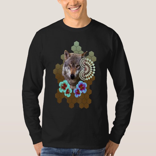 Wolf Floral Flower Alien Honeycomb Olive to Brown  T-Shirt (Vorderseite)