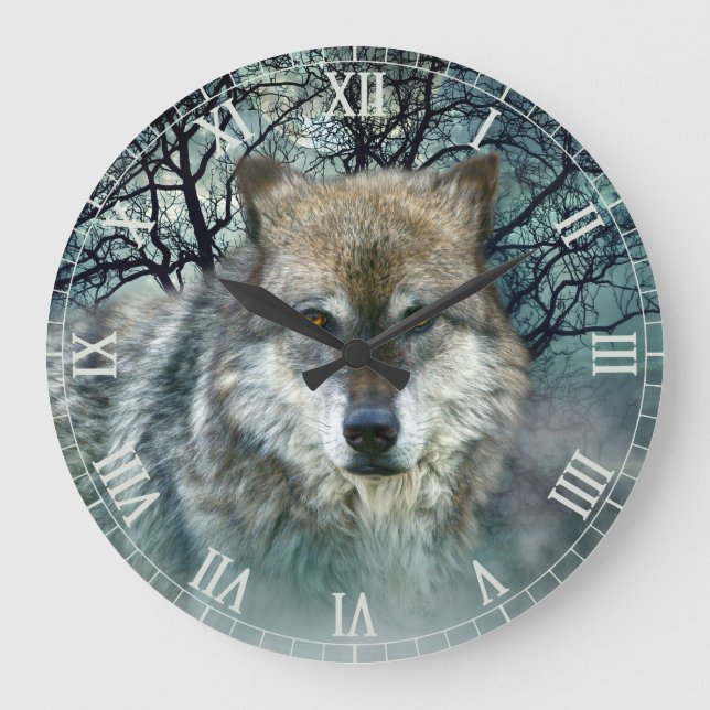 Wolf Full Moon Roman Numbers Große Wanduhr (Vorderseite)