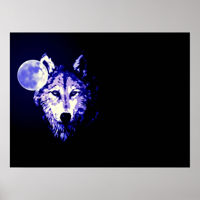Wolf Fullmoon Blue Black Poster (Vorne)