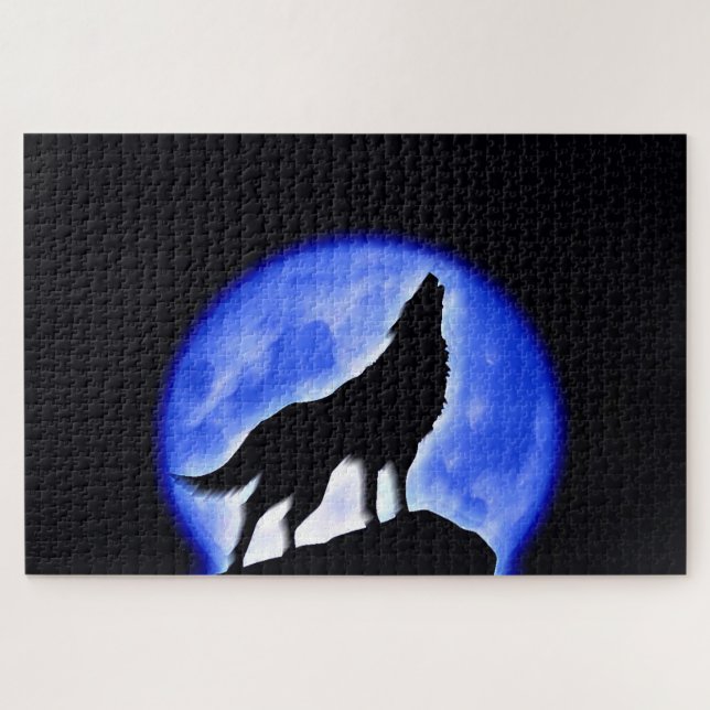 Wolf Fullmoon & Blue Night - Wilde Tiere Art Puzzle (Horizontal)