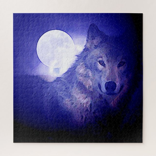 Wolf Fullmoon & Blue Night - Wilde Tiere Art Puzzle (Vertikal)