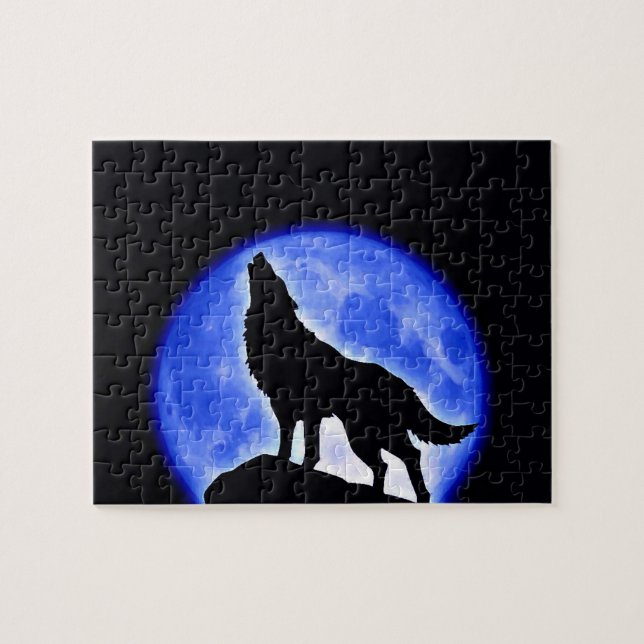 Wolf Fullmoon & Blue Night - Wilde Tiere Art Puzzle (Horizontal)
