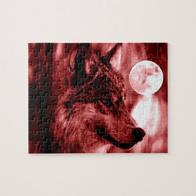 Wolf Fullmoon & Red Night - Wilde Tiere Art Puzzle (Horizontal)