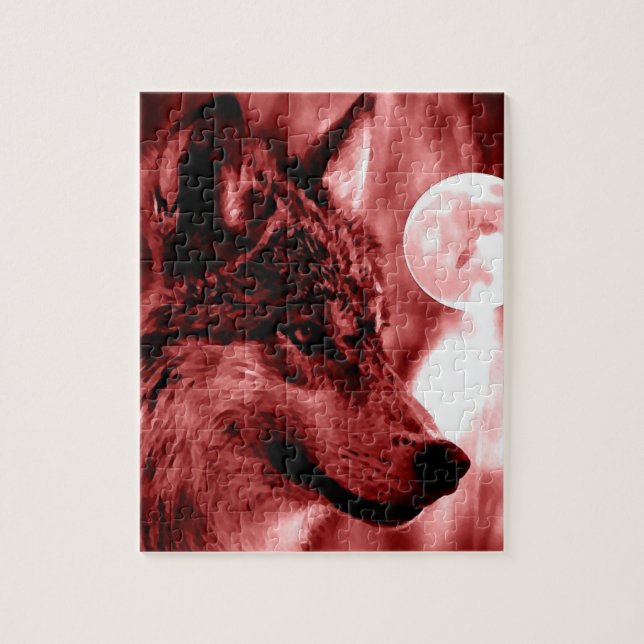 Wolf Fullmoon & Red Night - Wilde Tiere Kunst Puzzle (Vertikal)