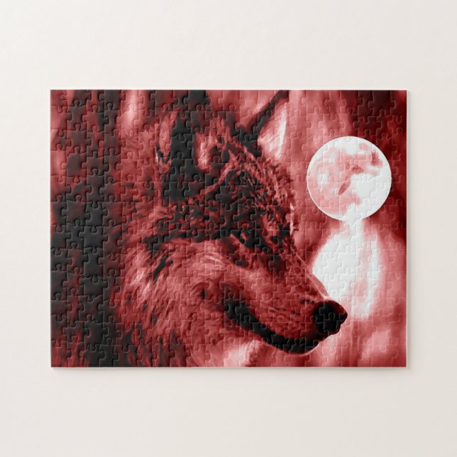 Wolf Fullmoon & Red Night - Wilde Tiere Kunst Puzzle (Horizontal)