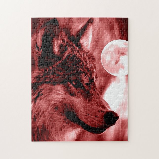 Wolf Fullmoon & Red Night - Wilde Tiere Kunst Puzzle (Vertikal)