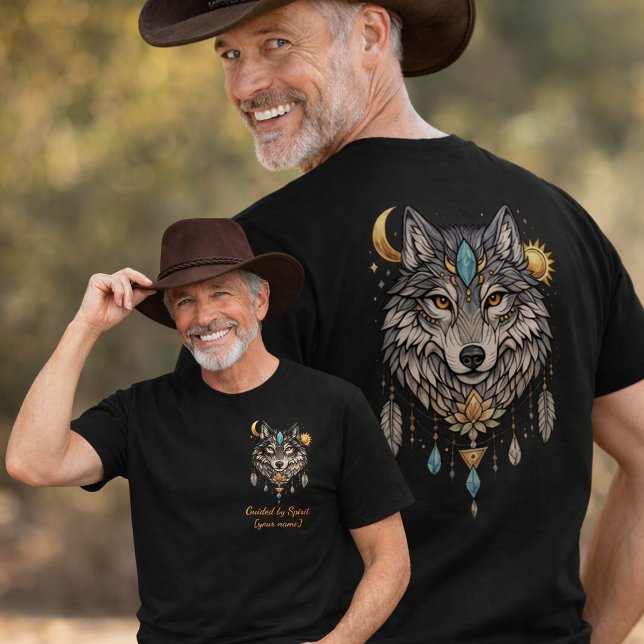Wolf-Geisttier | Boho-Wolf-Totem   T-Shirt (Model in cowboy hat showing wolf shirt – guided by spirit, boho wolf tee, spiritual t shirt)