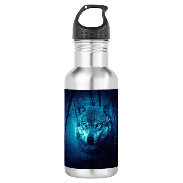 Wolf Gesicht im dunklen Fantasy-Wald Edelstahlflasche (Vorderseite)