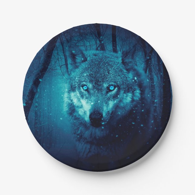 Wolf Gesicht im dunklen Fantasy-Wald Pappteller (Vorderseite)