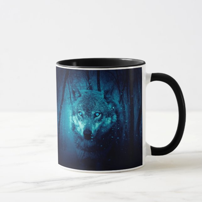 Wolf Gesicht im dunklen Fantasy-Wald Tasse (Rechts)