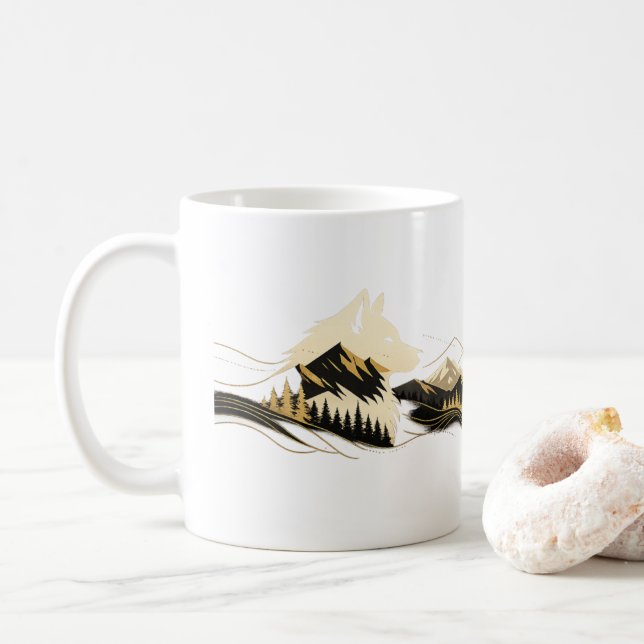Wolf Golden Line Art Bergszene Tasse (Mit Donut)