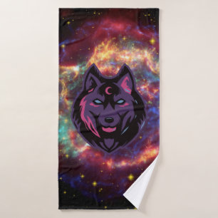 Wolf Grafik Illustration, kosmischer Hintergrund Badhandtuch Set