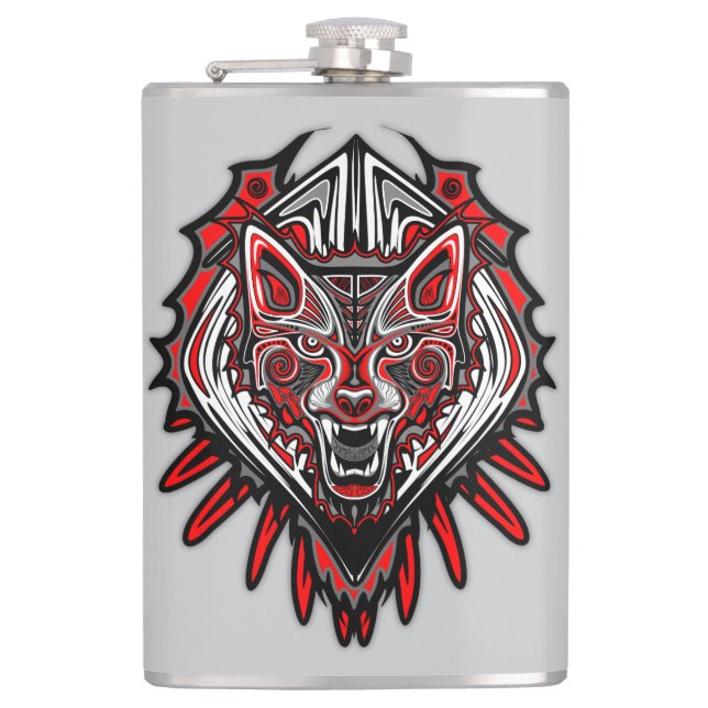 Wolf-Haida-Stammes-Totem-Design Flachmann (Vorderseite)