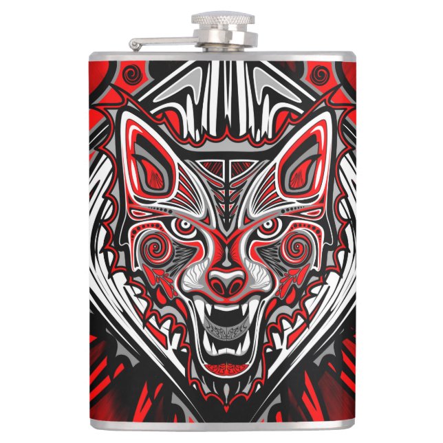 Wolf-Haida-Stammes-Totem-Design Flachmann (Vorderseite)