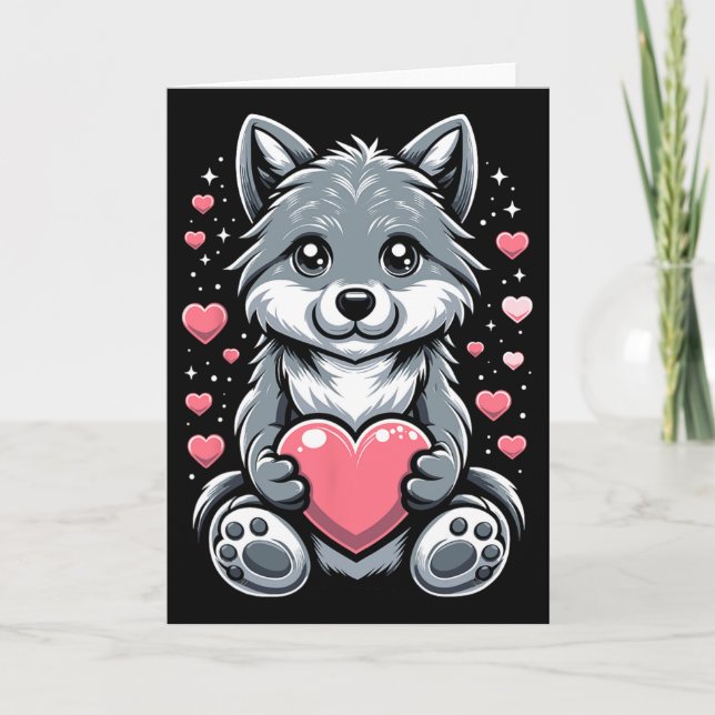 Wolf hält Herz Valentinstag Süße Wölfe Val Karte (Vorderseite)