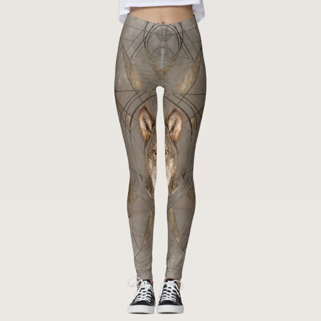 Wolf-heilige Geometrie-Digital-Kunst Leggings (Vorderseite)