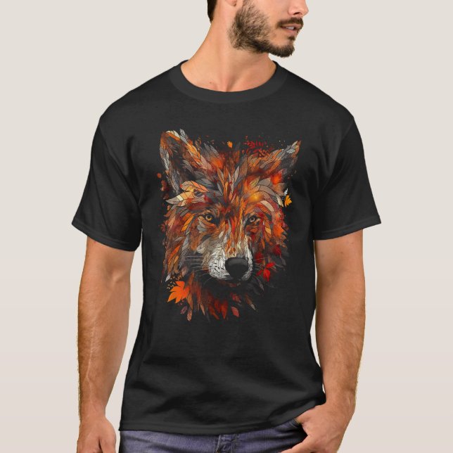 Wolf Herbstblätter Tiermotiv Wolf T-Shirt (Vorderseite)
