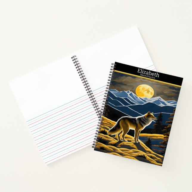 Wolf heult am hellen Mond auf einem Skizzenbuch Notizbuch (Innenseite)