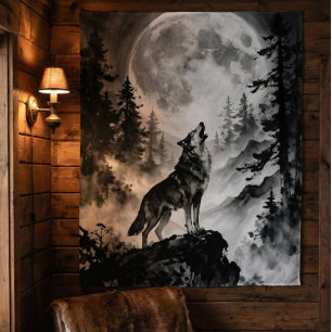 Wolf heult am Mond Teppich   Dunkler Wald Wandteppich