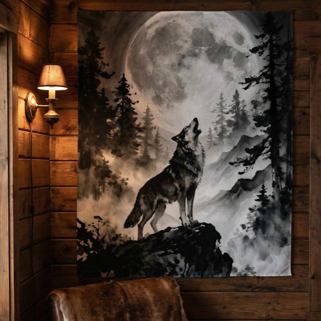 Wolf heult am Mond Teppich | Dunkler Wald Wandteppich (Von Creator hochgeladen)