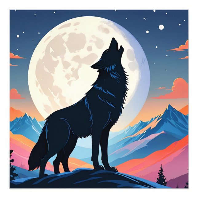 Wolf heult auf dem Mond Fotodruck (Vorne)