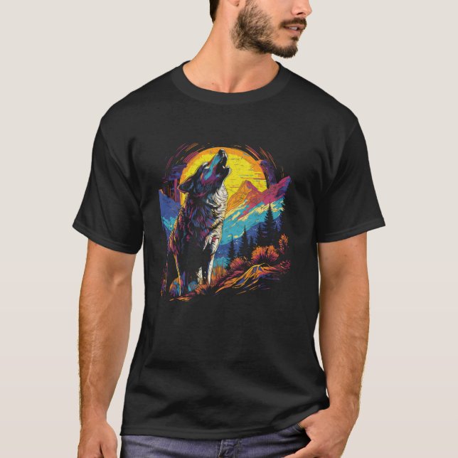 Wolf heult auf dem Mond helle farbenfrohe Nachtmän T-Shirt (Vorderseite)