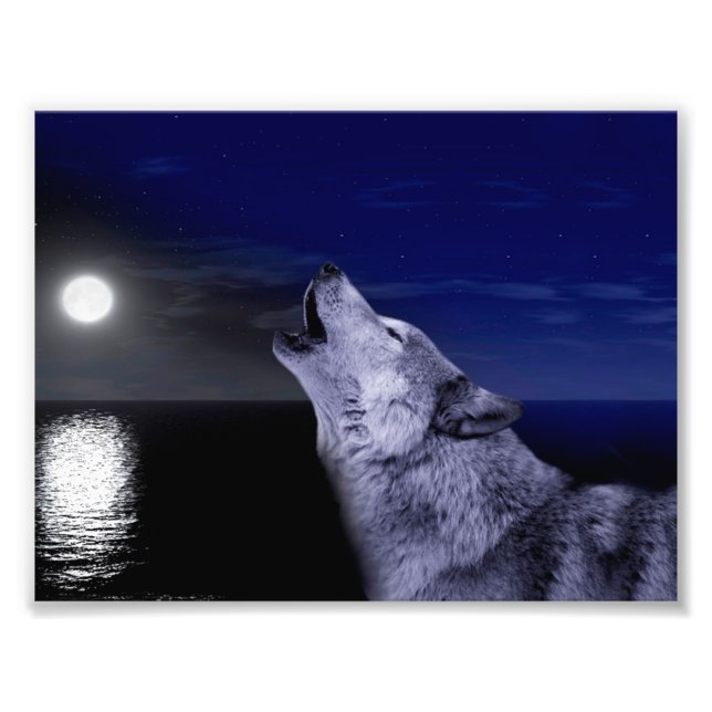 Wolf heult auf dem Mond im Meer Fotodruck (Vorne)