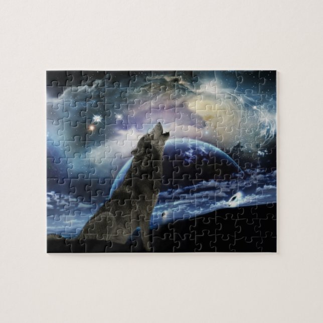 Wolf heult auf dem Mond Puzzle (Horizontal)