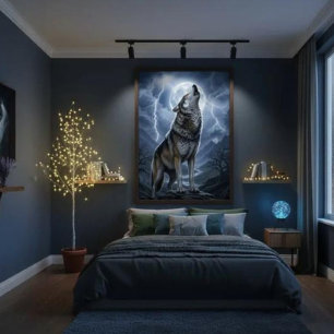 Wolf heult bei Vollmond mit Gewittersturm Poster