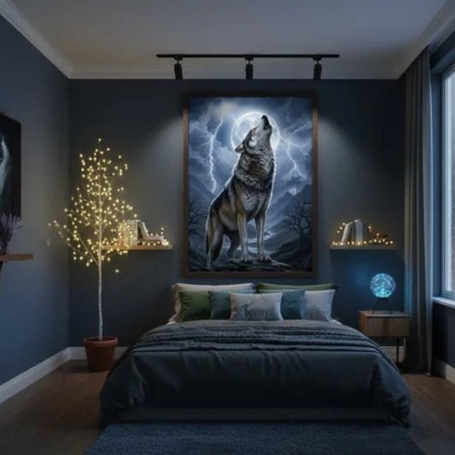 Wolf heult bei Vollmond mit Gewittersturm Poster (Von Creator hochgeladen)