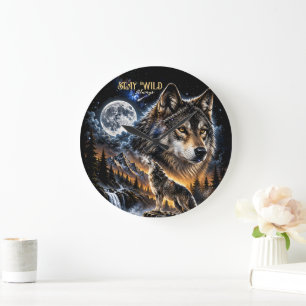 Wolf heult den Mond an Wald Wildtiere Natur  Große Wanduhr