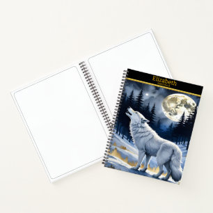 Wolf heult im Wald den Mond an Notizbuch