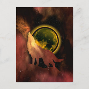 WOLF HEULT IM WELTRAUM MOND GALAXIE POSTKARTE