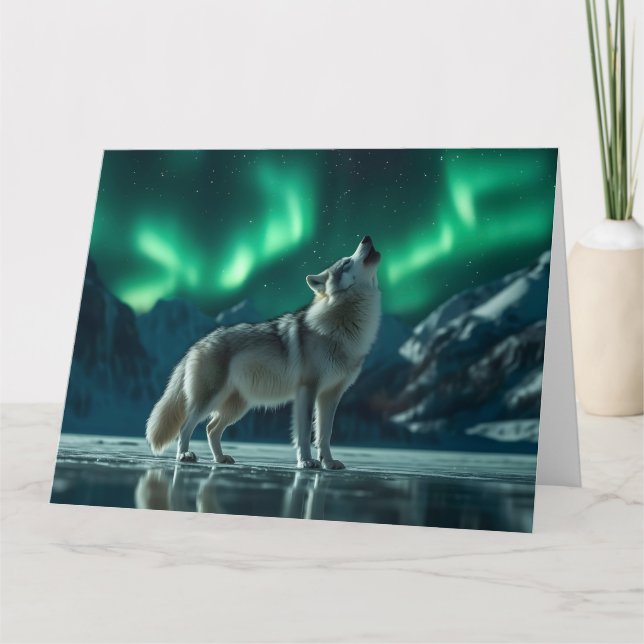 Wolf heult unter den Nordlichtern Karte (Vorderseite)
