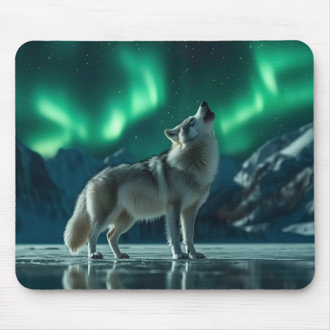 Wolf heult unter den Nordlichtern Mousepad (Vorne)