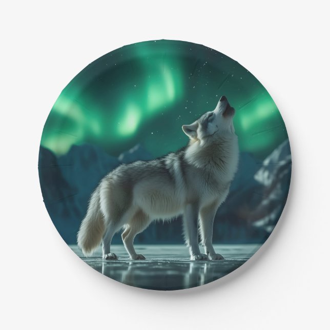 Wolf heult unter den Nordlichtern Pappteller (Vorderseite)