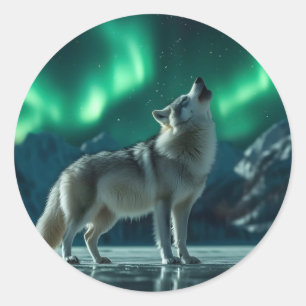 Wolf heult unter den Nordlichtern Runder Aufkleber