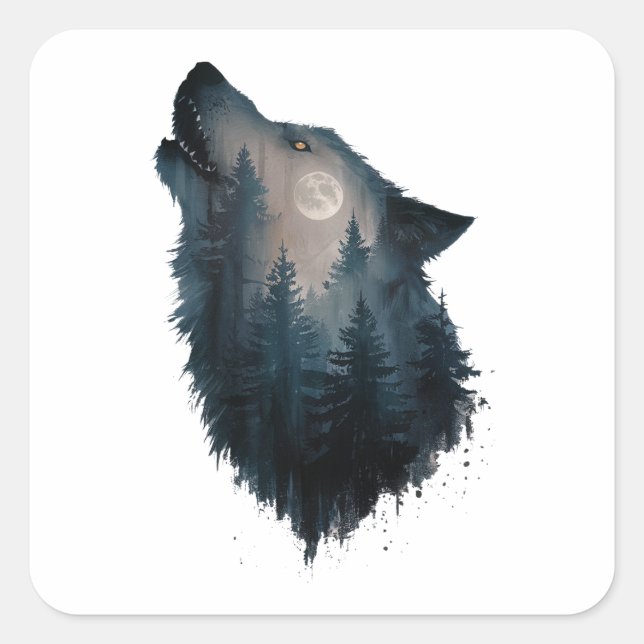 Wolf Howl Forest Moon Quadratischer Aufkleber (Vorderseite)