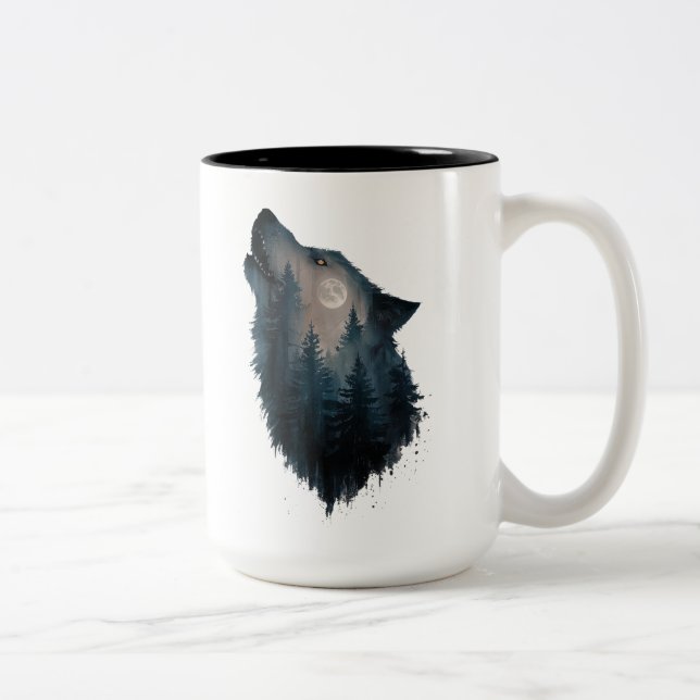 Wolf Howl Forest Moon Zweifarbige Tasse (Rechts)