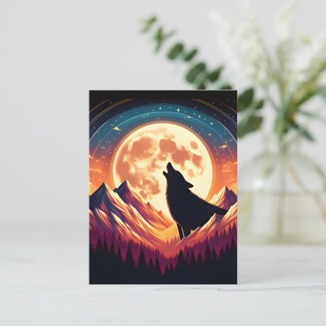 Wolf Howl unter Mondlicht Postkarte (Stehend Vorderseite)