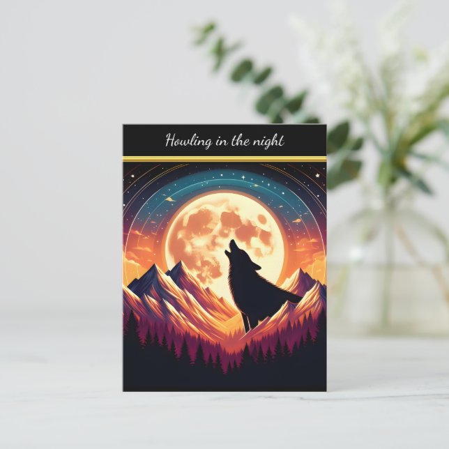 Wolf Howl unter Mondlicht Postkarte (Stehend Vorderseite)