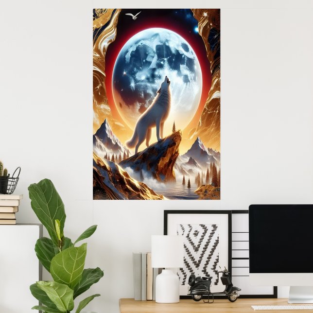 Wolf Howling am Crimson Moon Poster (Heimbüro)