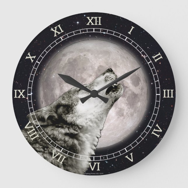 Wolf Howling am Mond, Iconic, Wolf Art, Gotik Große Wanduhr (Vorderseite)
