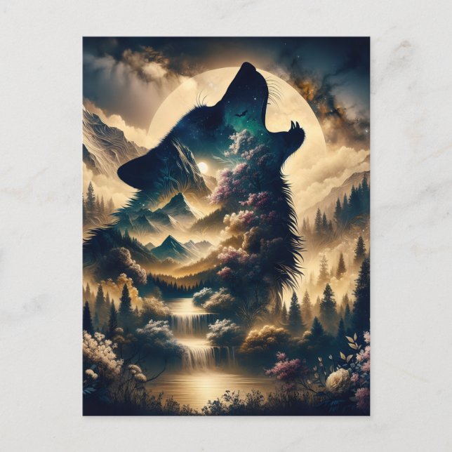 Wolf Howling am Mond Postkarte (Vorderseite)
