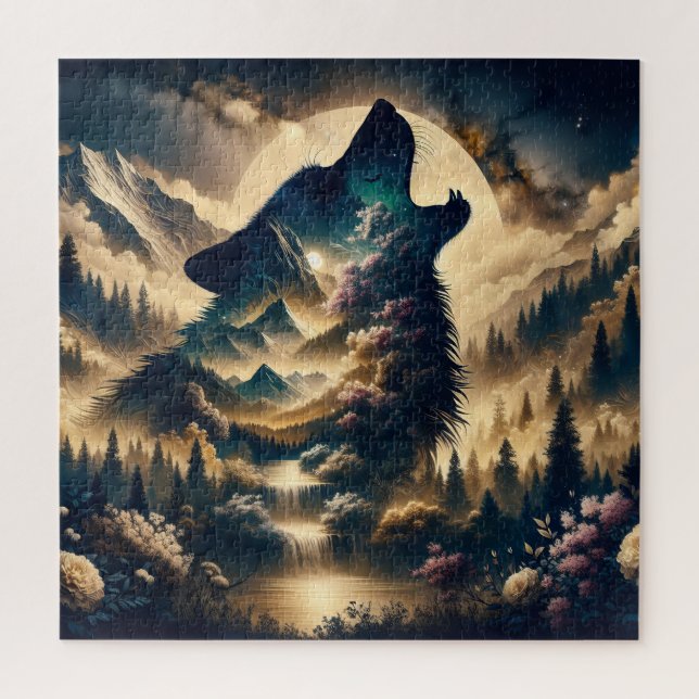 Wolf Howling am Mond Puzzle (Vertikal)