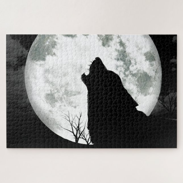 Wolf Howling am Mond Puzzle (Horizontal)